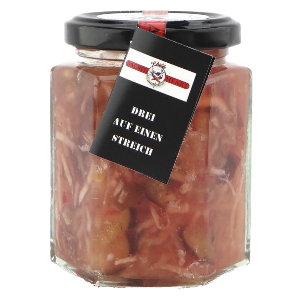 Fruchtaufstrich Apfel, Birne, Pflaume mit Chili Fruchtaufstrich mit Apfel, Birne und Pflaume. Mit Vanille verfeinert und leichter Schärfe im Abgang
