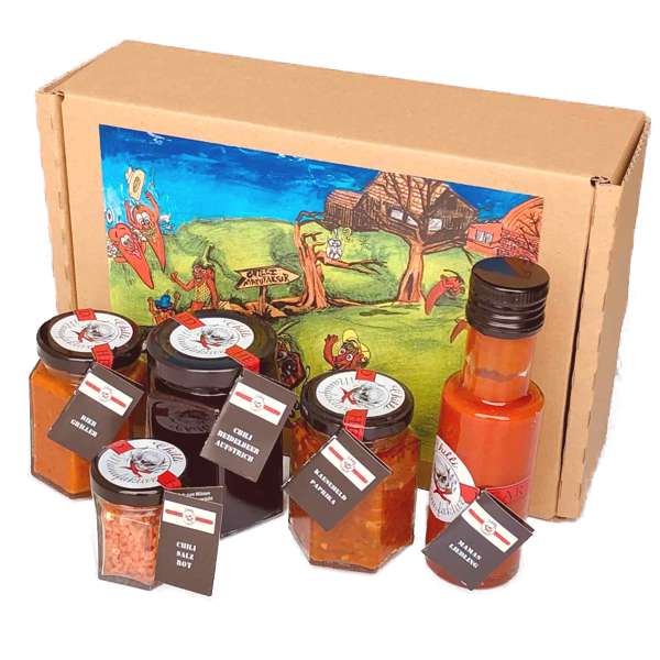 Das Bild zeigt das Chili Geschenkset mit 5 unterschiedlichen Produkten und einem Geschenkkarton zum Kaufen