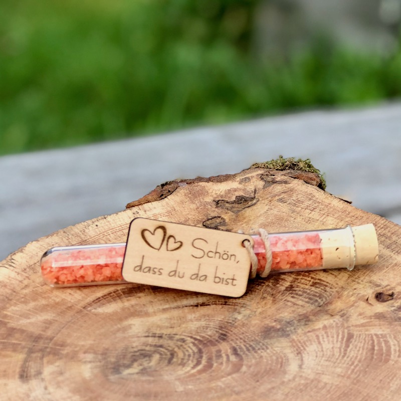 Chili Salz originelle Gastgeschenke Hochzeit personalisiert kaufenkaufen Chili Salz im Reagenzglas mit Holzanhänger mit der Beschriftung schön dass du da bist als originelle Gastgeschenke kaufen