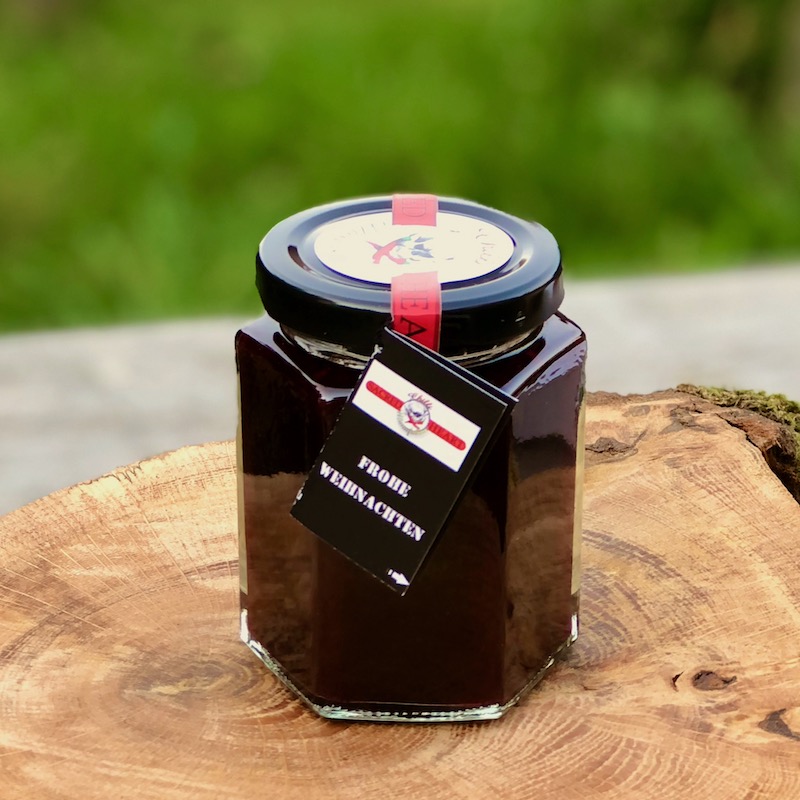 Fruchtaufstrich frohe Weihnachten Glas mit weihnachtlichen Fruchtaufstrich frohe Weihnachten zum Kaufen