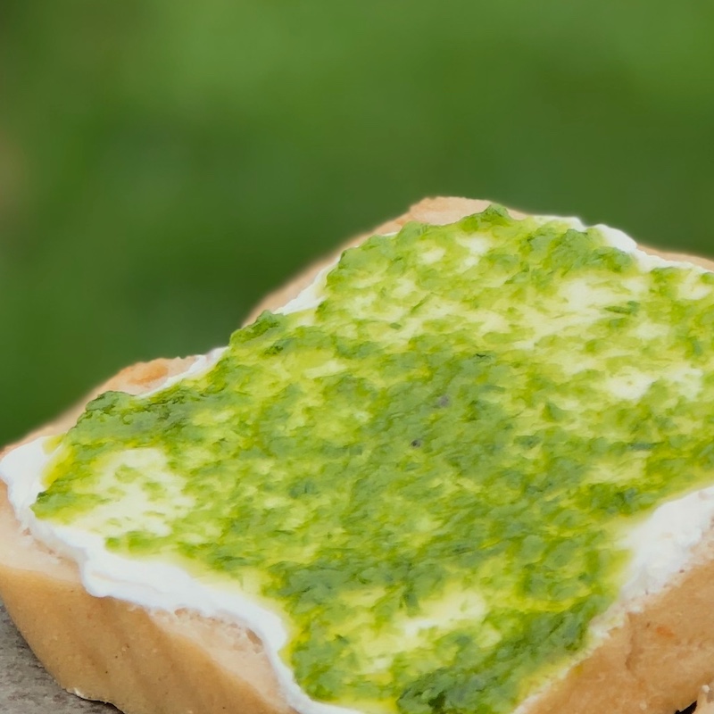 Knoblauchpesto auf einem Brot mit Frischkäse als Serviervorschlag