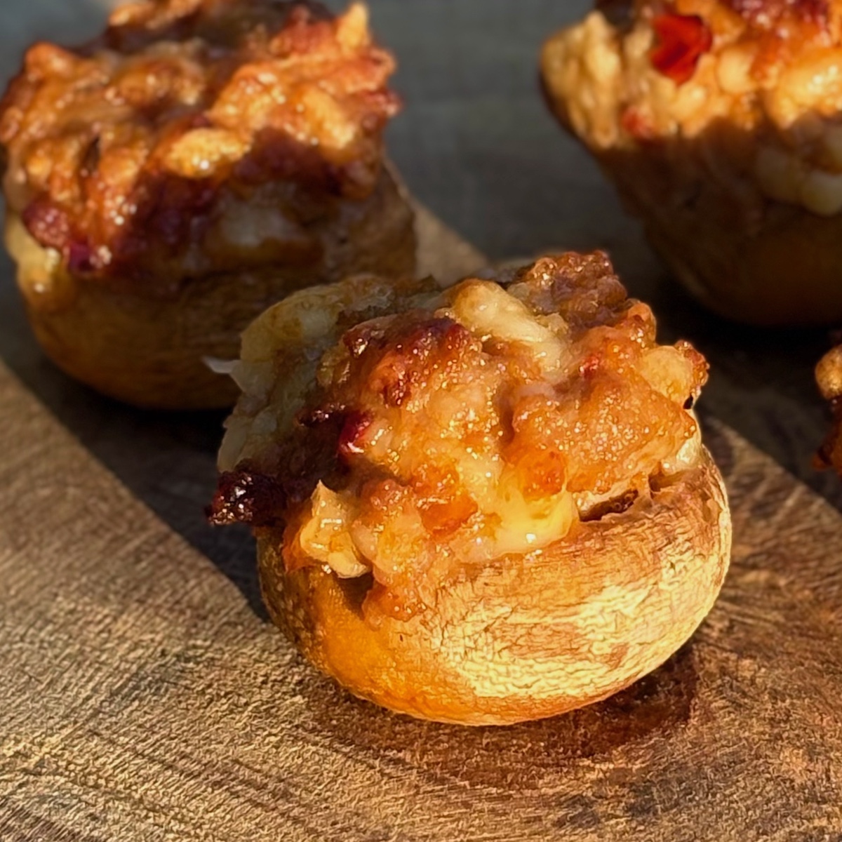Gefüllte Champignons mit Hackfleisch und Käseheld gewürzt auf einer Holzscheibe als Rezeptvorschlag für den Käseheld