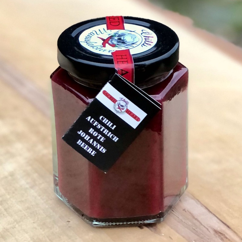 Fruchtaufstrich rote Johannisbeere mit leichter Chilischärfe im Glas von der Chilli Manufaktur kaufen