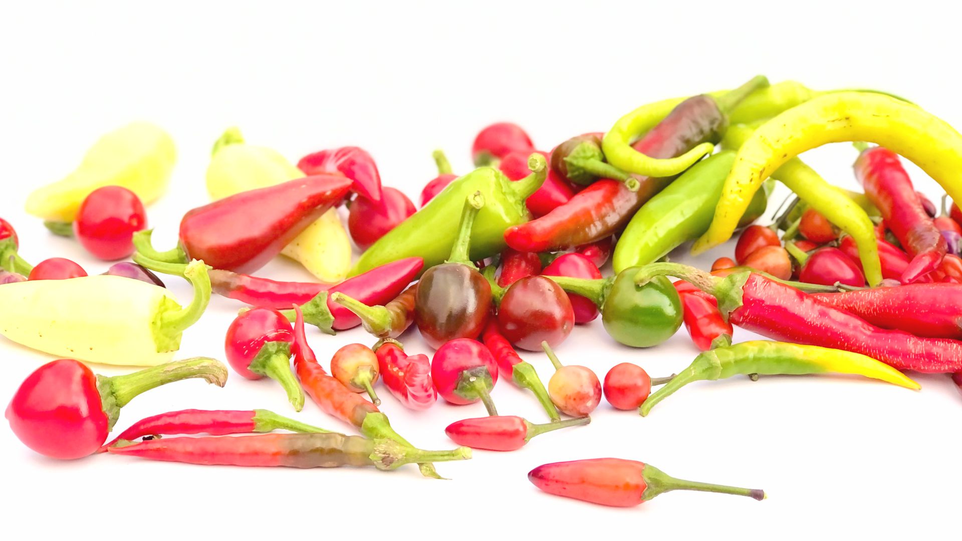 Das Bild zeigt viele frische Chili in unterschiedlichen Formen und Farben zum Kaufen
