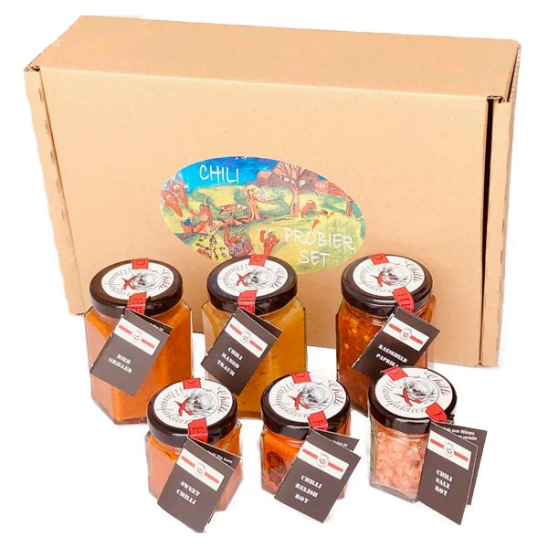 Chili Probierset Das Bild zeigt das Chili Prbierset mit Geschenkkarton
