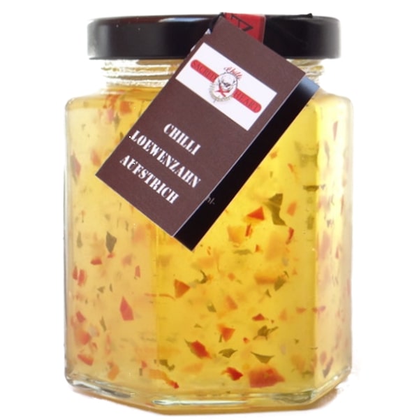 Löwenzahnaufstrich mit leichter Chilischärfe kaufen Löwenzahnaufstrich mit leichter Chilischärfe und Zitronenmelisse im Glas von der Chilli Manufaktur kaufen