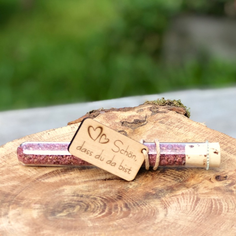 Heideblütensalz im Glasröhrchen - Schön, dass du da bist - Gastgeschenk Glasröhrchen mit Heideblütensalz gefüllt mit einen Holzanhänger mit dem Aufdruck: Schön, dass du da bist