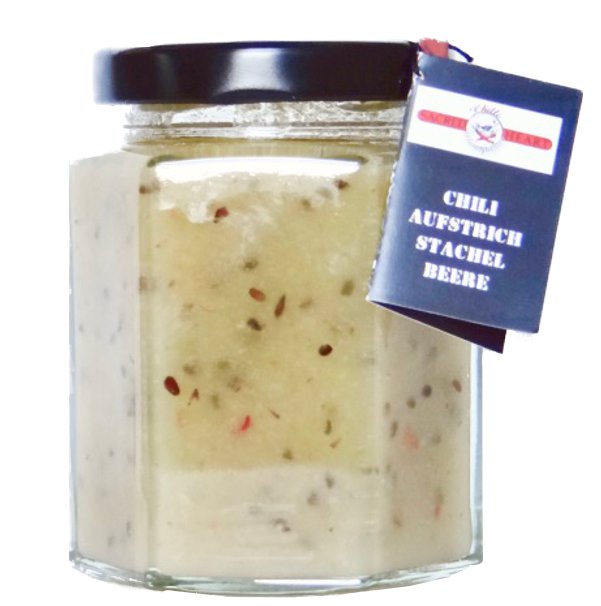 Fruchtaufstrich Stachelbeere mit leichter Chilischärfe kaufen Fruchtaufstrich Stachelbeere mit leichter Chilischärfe im Glas von der Chilli Manufaktur kaufen